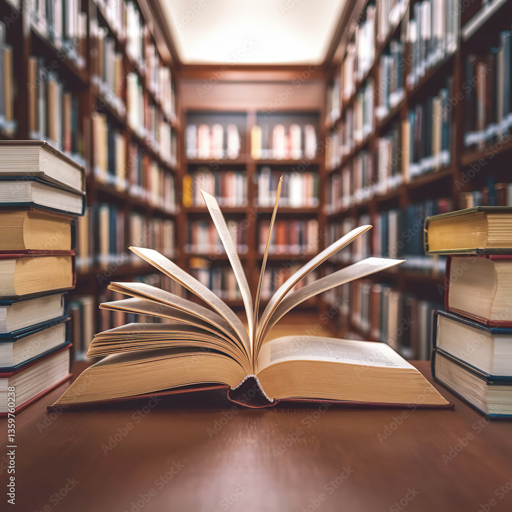 Open Book on a Wooden Desk in a Library, Rows of Books in a Cozy Library concept of World Book Day, Book Day 2025