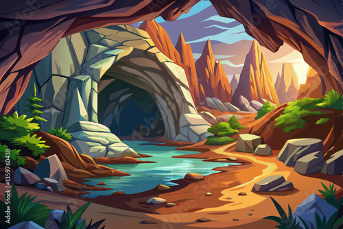 landscape with a rocky cave and stones illustration cartoon