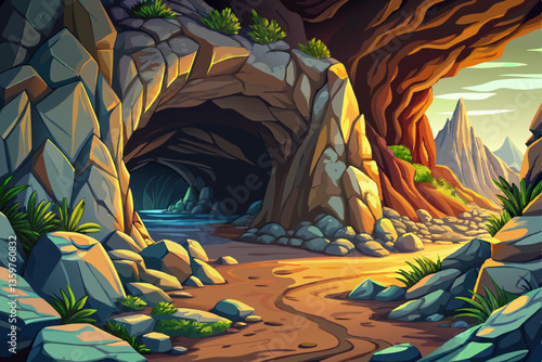 landscape with a rocky cave and stones illustration cartoon