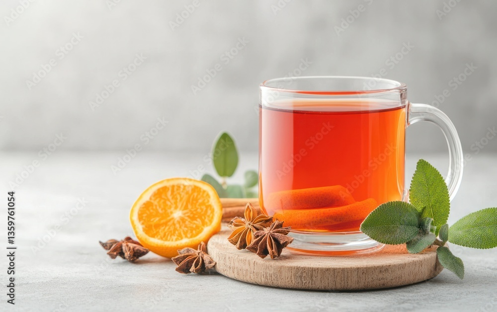 A glass mug of amber tea rests on a cork coaster, accompanied by orange slices, star anise, and mint sprigs. The scene is set against a light gray background A glass mug of amber tea rests on a cork coaster, accompanied by orange slices, star anise, and mint sprigs. The scene is set against a light gray background