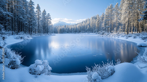Frozen Lake Surrounded by Snowy Pines