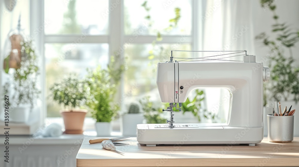 Modern sewing machine on a light wooden table in a bright room with plants