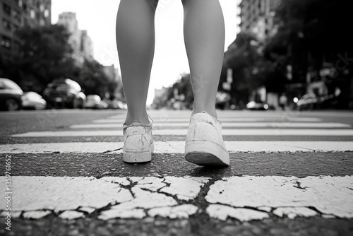 This black and white photograph emphasizes a figure walking in bright-plated shoes across a crosswalk, representing a blend of urban style and human experience in motion.