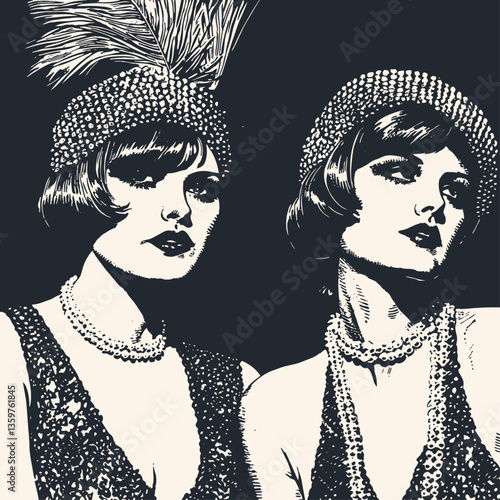 Black and white vector illustration of two glamorous 1920s flapper women with bobbed hair, beaded headbands, and feather accessories. Art deco style portrait 
