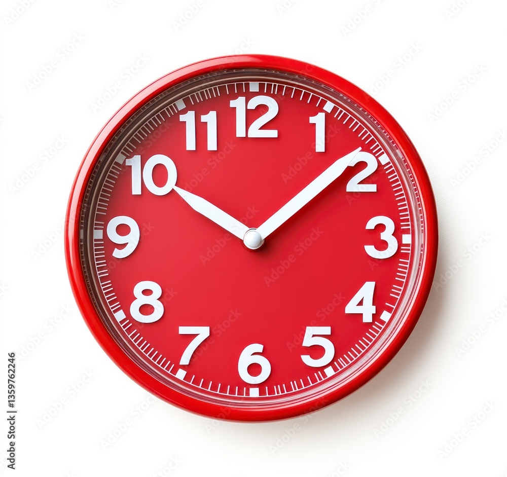 Red Wall Clock Showing Ten Ten Against White Background Timekeeping Red Wall Clock Showing Ten Ten Against White Background Timekeeping