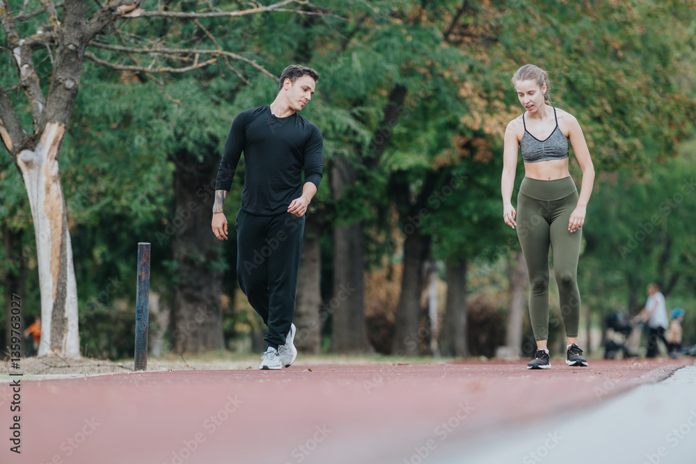 Obraz premium Two individuals engage in an outdoor fitness activity, walking together on a park track surrounded by green trees and natural scenery, conveying a sense of health and connection with nature.