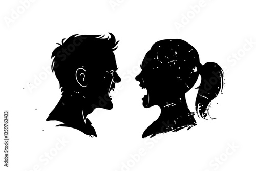 Silhouettes of shouting faces in black on a white background, concept of conflict, divorce