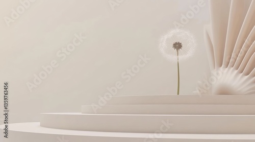 A minimalist scene featuring a dandelion against a light background with abstract shapes.
