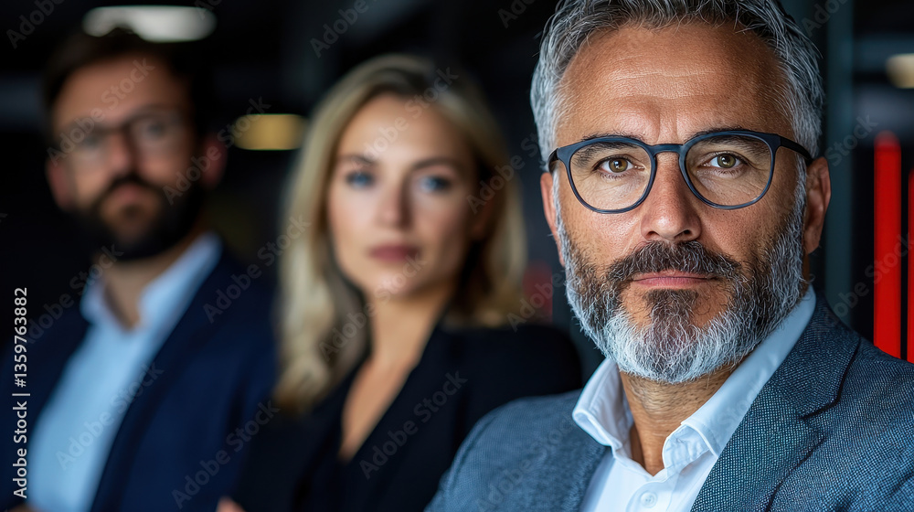 confident business team in modern office setting, featuring mature man with glasses in focus, with two colleagues blurred in background, conveying leadership and teamwork confident business team in modern office setting, featuring mature man with glasses in focus, with two colleagues blurred in background, conveying leadership and teamwork