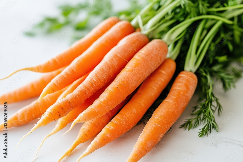 A vibrant bunch of fresh carrots with green leafy tops A vibrant bunch of fresh carrots with green leafy tops