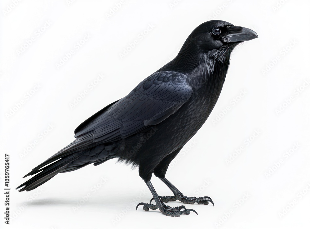 Fototapeta premium Standing Raven Bird Profile on White Background Featuring Black Feathers