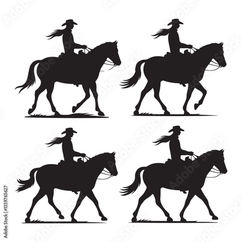 "Silhouette of Cowgirl Riding Horse - Set of Four Designs"