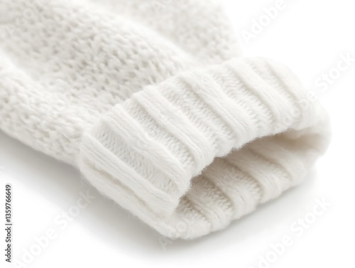 Close-up of a knitted white beanie, emphasizing texture and craftsmanship