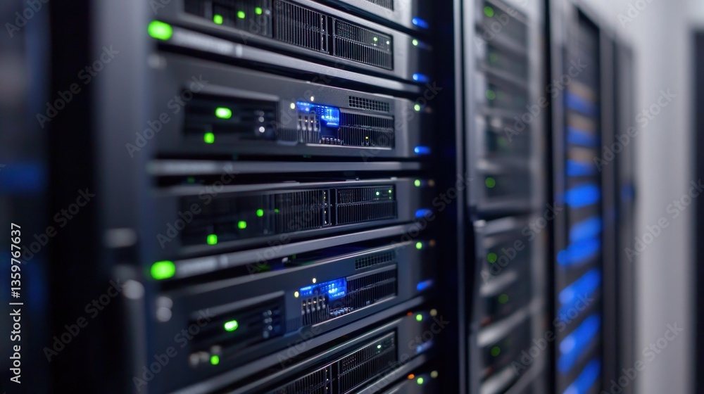 A close-up view of server racks in a data center, showcasing technology and connectivity. A close-up view of server racks in a data center, showcasing technology and connectivity.
