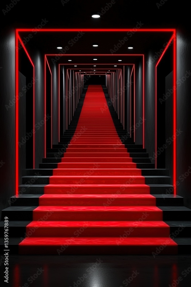 Fototapeta premium Minimalist Illustration of a Soft Gradient Stairway with Red Lights and Dark Background for Elegant Interior Design and Modern Aesthetics