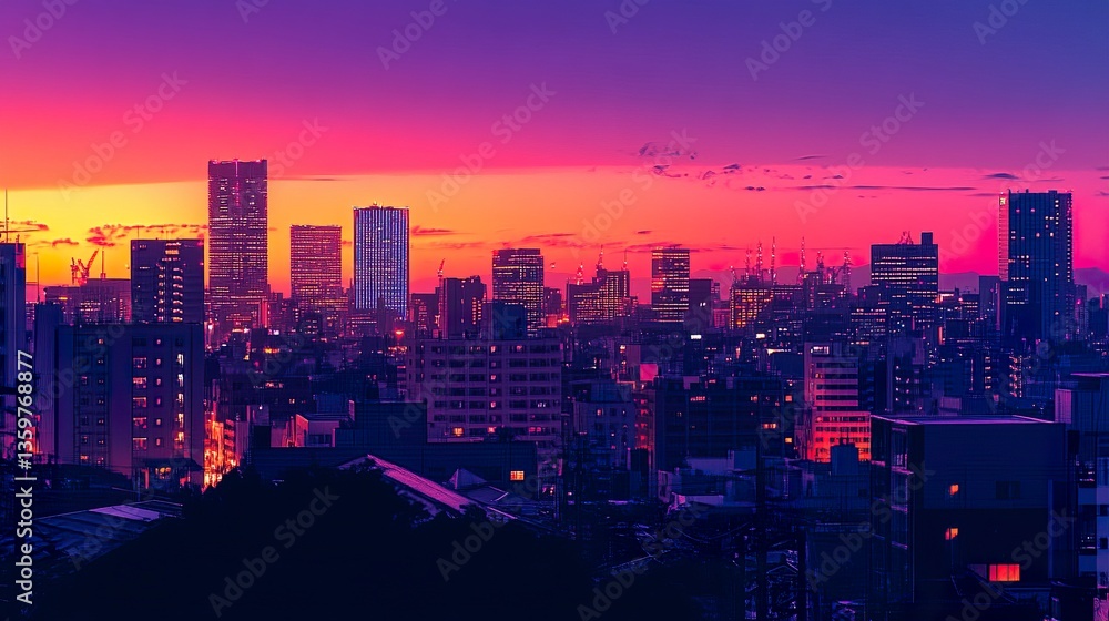 Obraz premium The Tokyo skyline glowing in the soft light of dawn, with a gradient sky transitioning from deep purple to warm orange, skyscrapers casting long shadows across the waking city