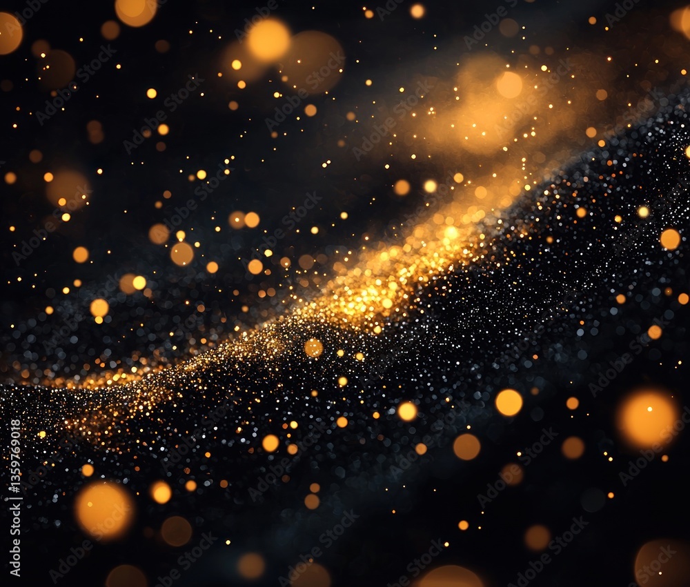 Obraz premium Abstract wave of golden glittering particles on a dark shimmering background