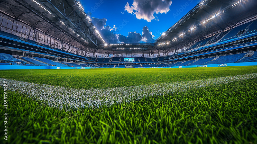 Fototapeta premium A view of a soccer field with green grass and blue seats under a bright sky in a large stadium area