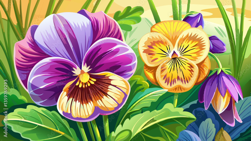 custom made wallpaper toronto digitalViolet pansy flower, closeup of yellow pansy in the spring garden. Blurred background. Edible flowers.