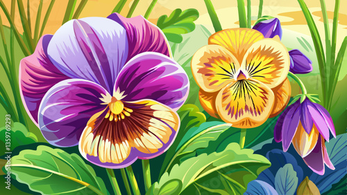 Wallpaper Mural Violet pansy flower, closeup of yellow pansy in the spring garden. Blurred background. Edible flowers. Torontodigital.ca