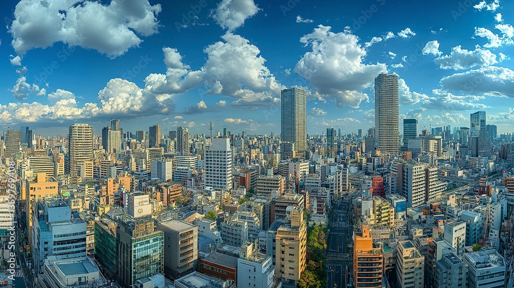 Fototapeta premium Tokyo anime cityscape with towering skyscrapers, a brilliant blue sky with puffy clouds, and colorful rooftop details visible across the skyline, warm sunlight enhancing the scene 