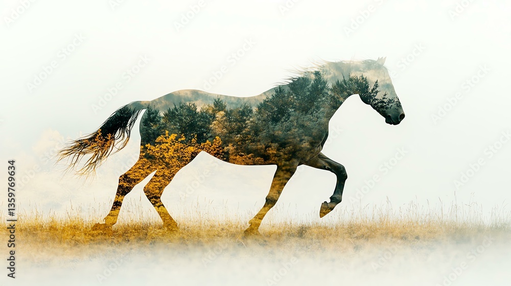 Fototapeta premium A majestic horse running through a misty field.