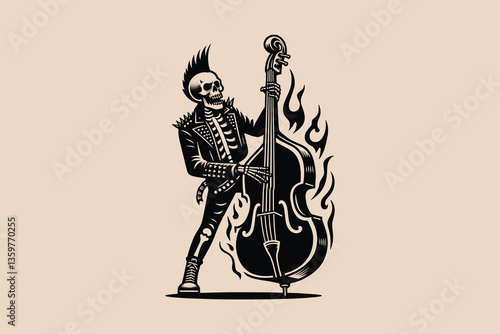 Skeleton rock musician with upright bass, punk outfit, and mohawk