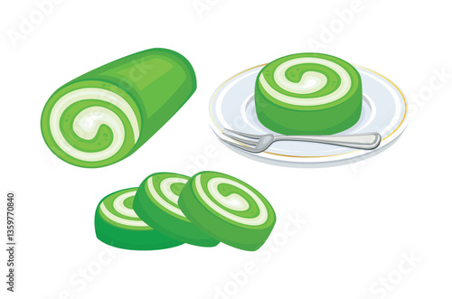 Matcha roll cake on a plate with a fork vector illustration. Matcha roll icon set vector isolated on a white background. Green matcha rolls cake drawing