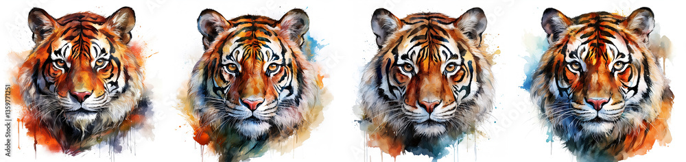 Fototapeta premium Illustration of a group of tiger heads isolated on white background, collection and variation. Watercolor illustration with bright colors. Tiger looking at camera. Generative Ai.