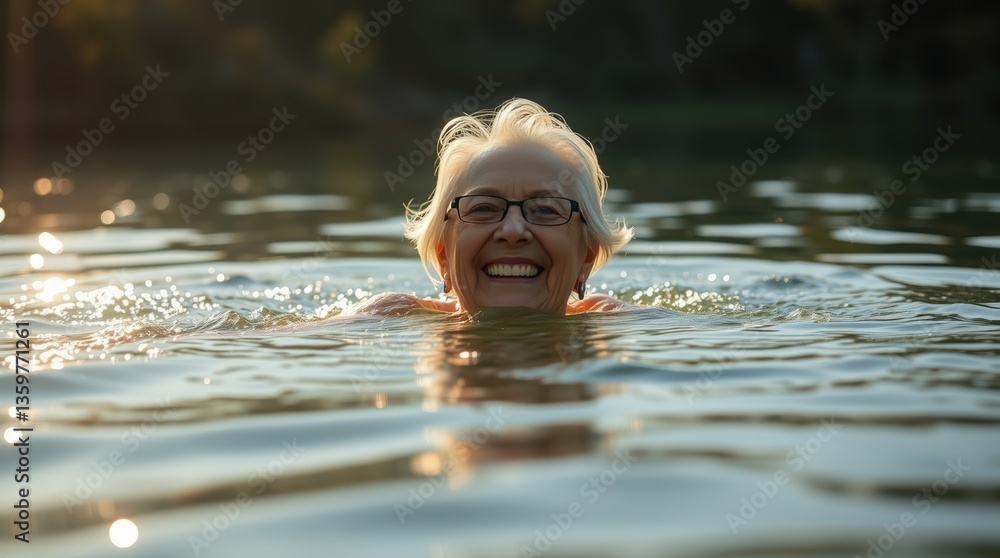 Fototapeta premium Joyful swimmer embraces water as sunlight dances on the surface during a serene afternoon at the lake