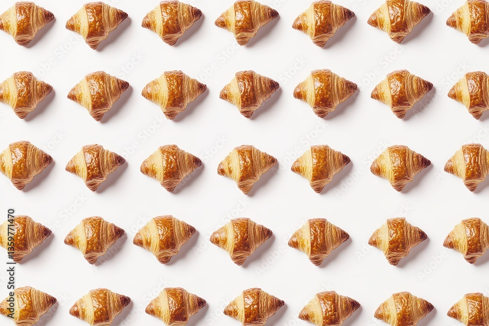 A neatly arranged pattern of golden-brown croissants on a white background, perfect for culinary use A neatly arranged pattern of golden-brown croissants on a white background, perfect for culinary use