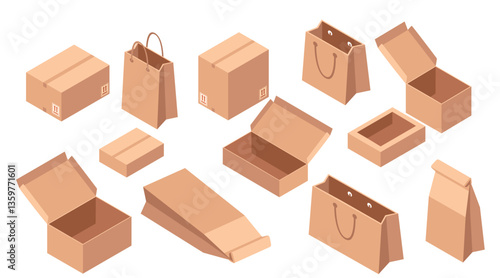 Collection of isometric packaging materials. Cardboard boxes and paper bags. Brown shipping containers. Retail and e-commerce packaging solutions. Vector illustration isolated on white background
