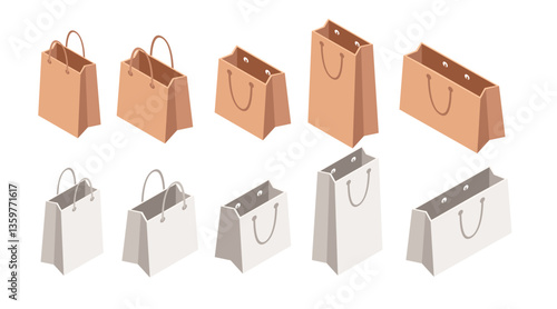 Collection of isometric shopping bags. Various sizes of paper retail bags. Brown and white carry handles. Gift and merchandise packaging. Vector illustration isolated on white background