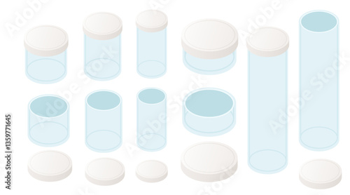 Isometric set of cylindrical containers. Various sizes of jars and tubes. Clear and white storage vessels. Laboratory or cosmetic packaging. Vector illustration isolated on white background