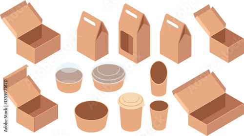 Collection of isometric packaging containers. Fast food takeaway package. Set of cylindrical cardboard tubes and containers. .Vector illustration isolated on white background