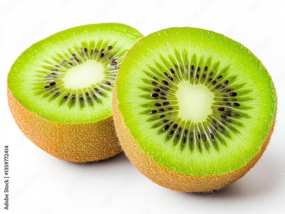 Sliced Kiwi Fruit Halves Displaying Green Pulp and Black Seeds Isolated Sliced Kiwi Fruit Halves Displaying Green Pulp and Black Seeds Isolated