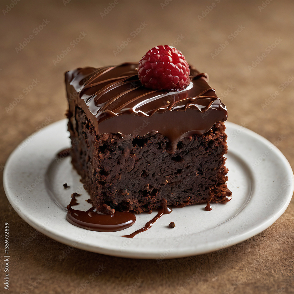 Decadent Chocolate Brownie with Ganache and Raspberry on a White Plate Decadent Chocolate Brownie with Ganache and Raspberry on a White Plate