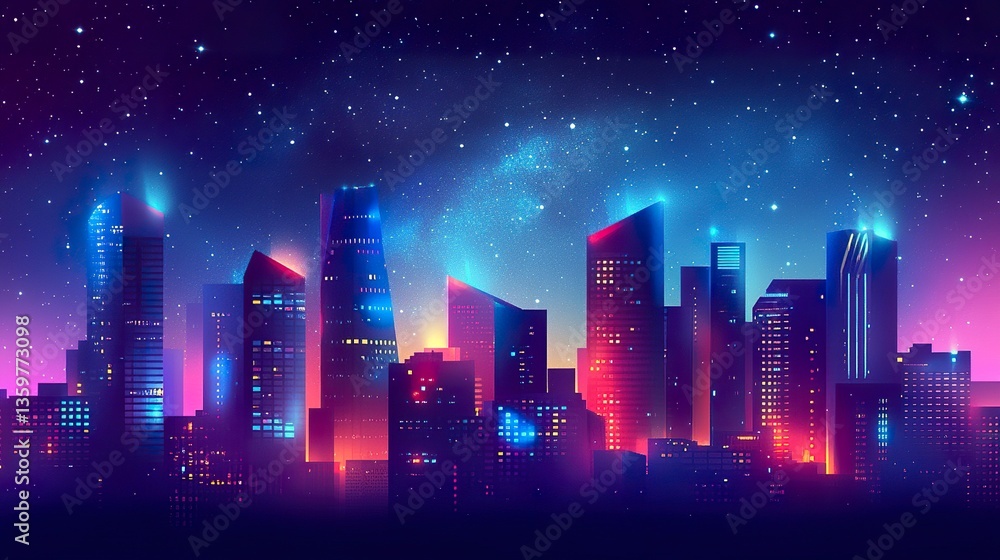Vibrant city skyline at night with twinkling stars scattered across the sky, buildings outlined in neon lights, and a faint Milky Way visible above the urban glow Vibrant city skyline at night with twinkling stars scattered across the sky, buildings outlined in neon lights, and a faint Milky Way visible above the urban glow