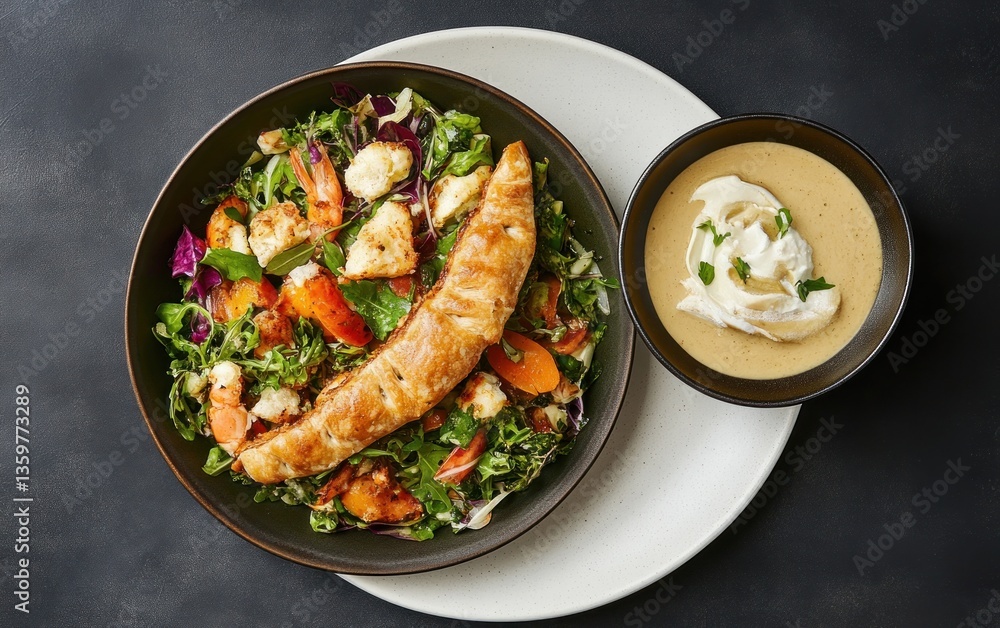 Overhead shot of a healthy meal: pan-fried fish fillet served atop a vibrant salad with shrimp and roasted vegetables, accompanied by a creamy sauce in a separate bowl. The dark background enhances Overhead shot of a healthy meal: pan-fried fish fillet served atop a vibrant salad with shrimp and roasted vegetables, accompanied by a creamy sauce in a separate bowl. The dark background enhances