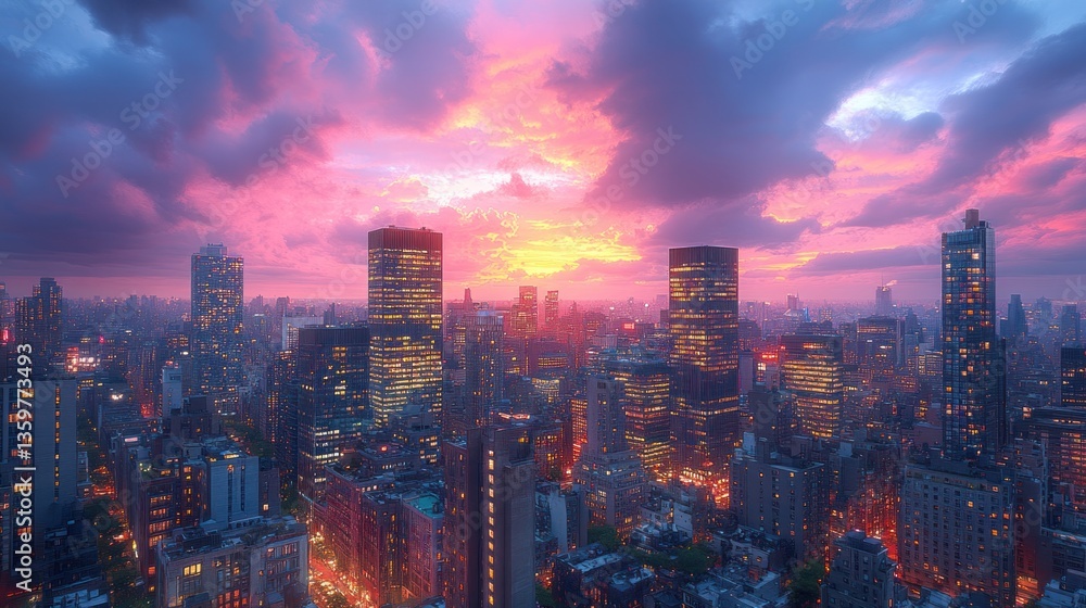 Obraz premium Vibrant sunset over city skyline with illuminated skyscrapers and dramatic clouds.