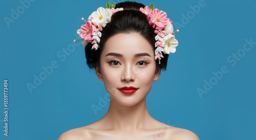 春の桜の花冠をつけた美しい日本人女性ポートレート｜清楚で上品な和風ヘアスタイルモデル