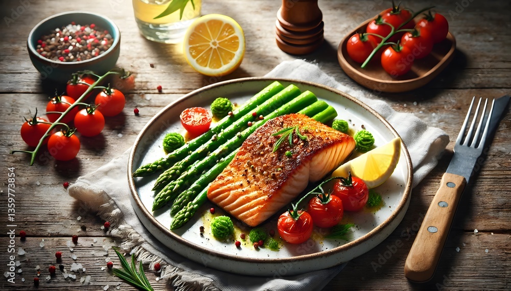 Delicious pan-seared salmon fillet with crispy skin, served with fresh asparagus, roasted cherry tomatoes, lemon wedge, and seasoning on a rustic wooden table. Healthy gourmet meal. Delicious pan-seared salmon fillet with crispy skin, served with fresh asparagus, roasted cherry tomatoes, lemon wedge, and seasoning on a rustic wooden table. Healthy gourmet meal.