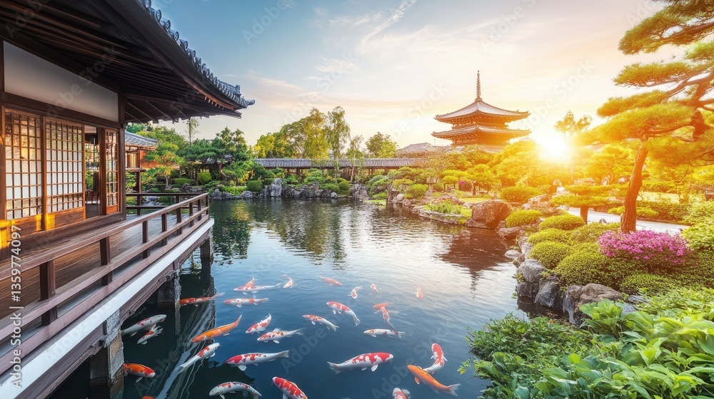 Obraz premium A charming Japanese garden with koi ponds, pagodas, and lush greenery, capturing cultural travel.