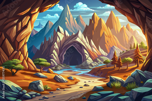 landscape with mountains and rocky cave with stones illustration cartoon