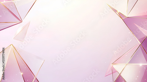 A light pink background with golden triangular elements, a pink and purple gradient color scheme, white space in the center of the screen, geometric shapes,