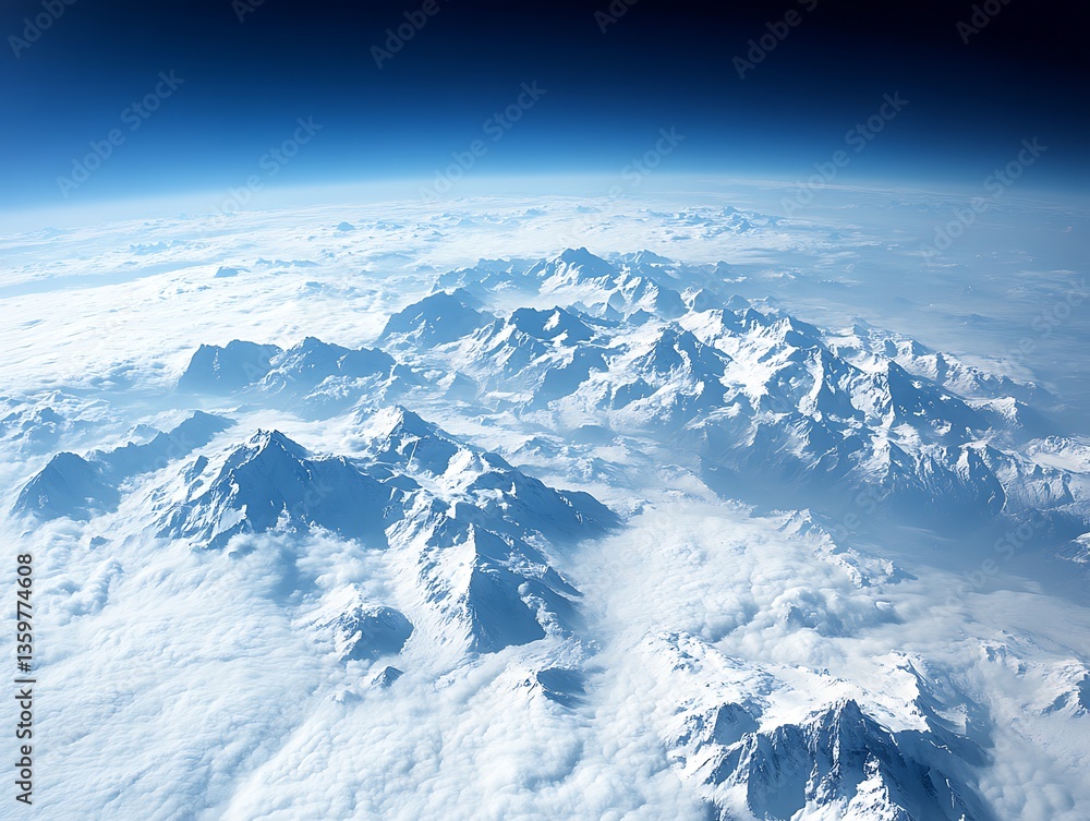 Fototapeta premium Majestic aerial vista of snow-capped mountains piercing through cloud layers
