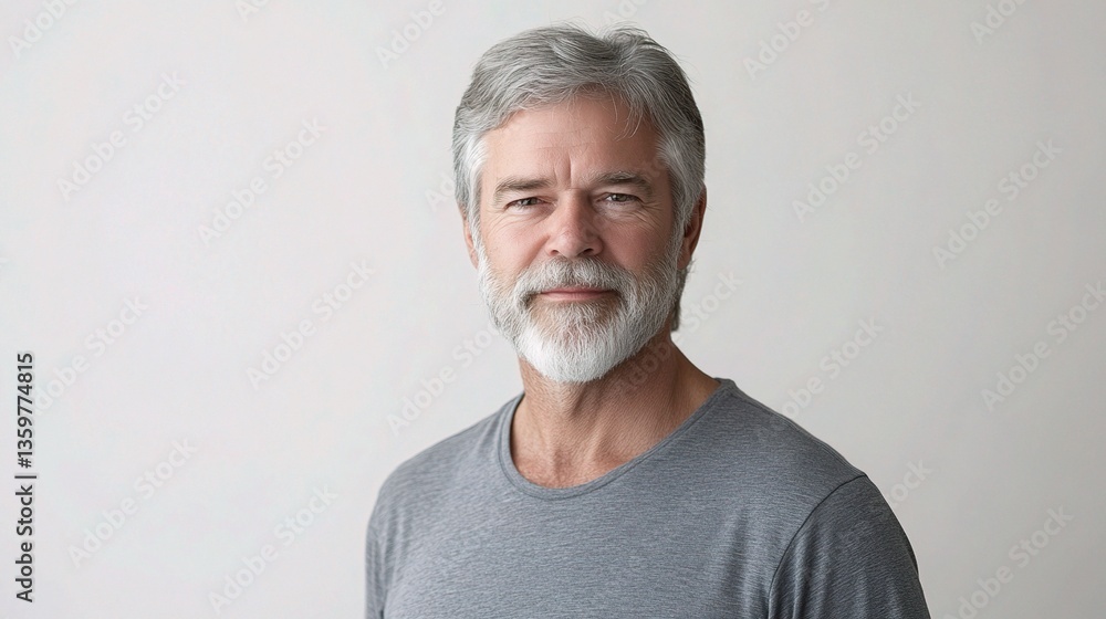 Obraz premium Serious Gray Haired Bearded Man Wearing Gray Shirt Smiling Portrait