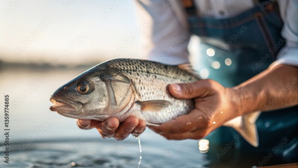 Fototapeta premium Close-up of fisherman in overalls proudly holding freshly caught silver bass fish over water, representing skillful angling, traditional fishing and riverside lifestyle