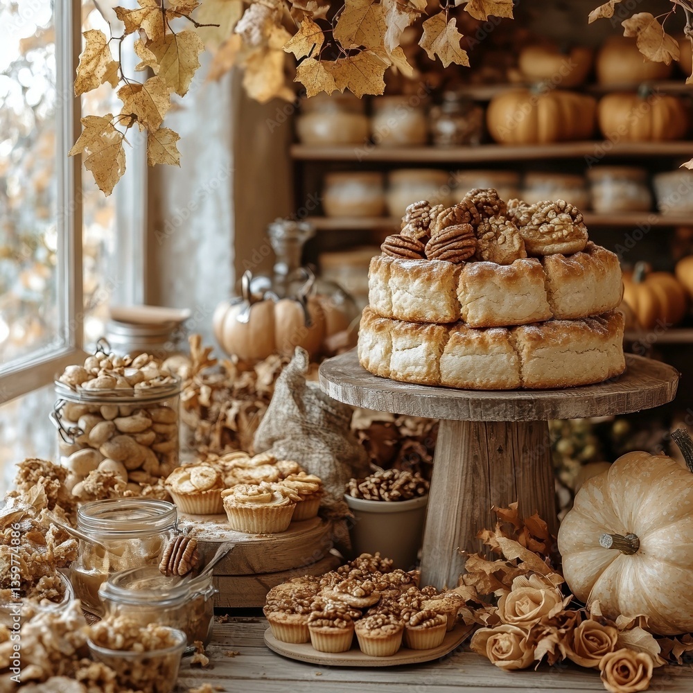 Naklejka premium An autumn still life with baked goods, candied nuts, and seasonal decor like pumpkins and gourds The image showcases a layered cake with nuts and cinnamon rolls, plus cups containing c - AI-Generated