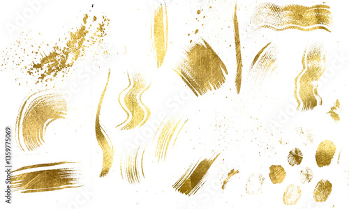 Set Gold Foil brush stroke, gold splatter glitter. Golden  stroke on transparent background. PNG gold glitter.Abstract shiny  png design element  with glowing golden particles. Premium design,wedding.